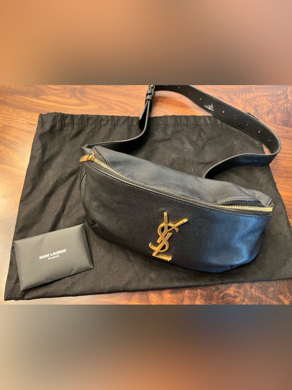 Saint Laurent Black Leather Belt Bag with Gold YSL Emblem
